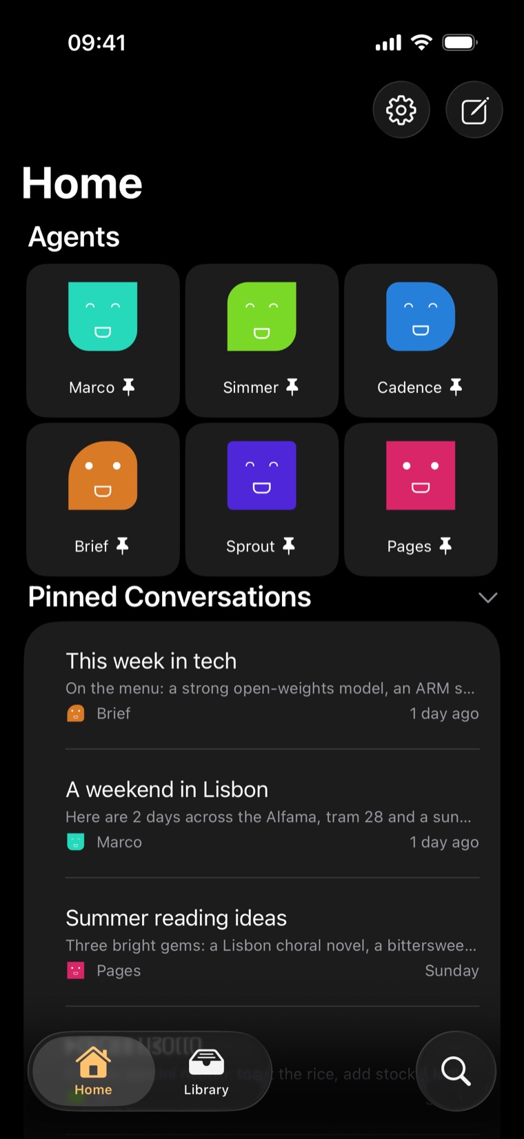 The Bilembi app: home screen — your agents and their faces, suggestions and pinned conversations