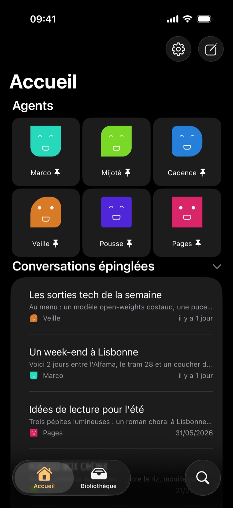 L'app Bilembi : écran d'accueil — vos agents et leurs visages, suggestions et conversations épinglées