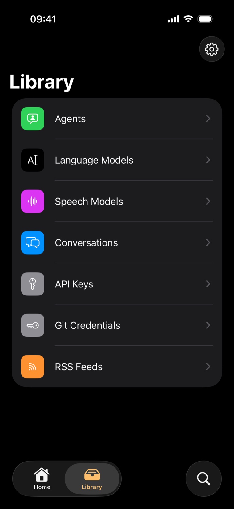 The Bilembi app: Library screen — agents, models, API keys, Git credentials, RSS feeds