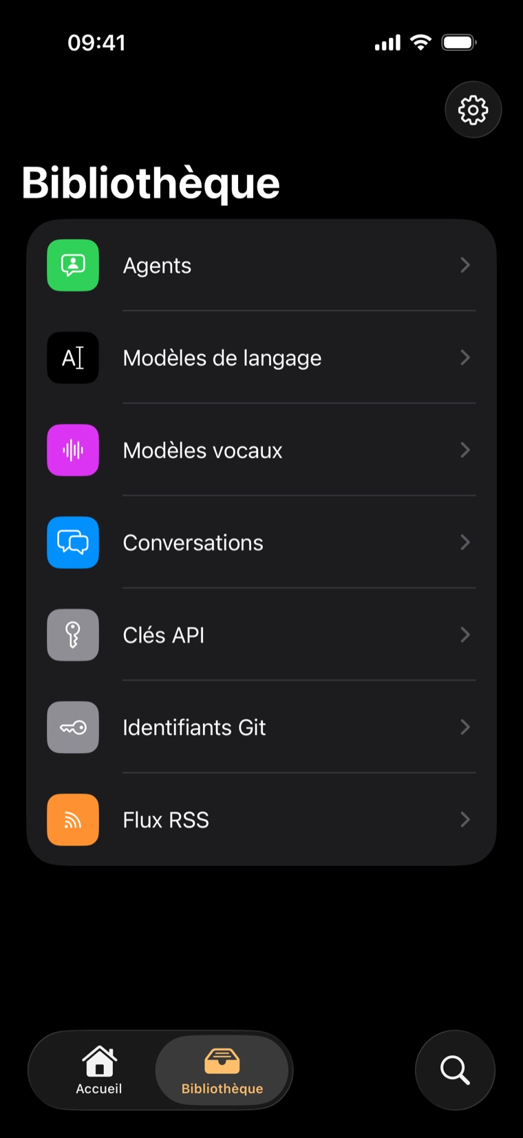 L'app Bilembi : écran Bibliothèque — agents, modèles, clés API, identifiants Git, flux RSS